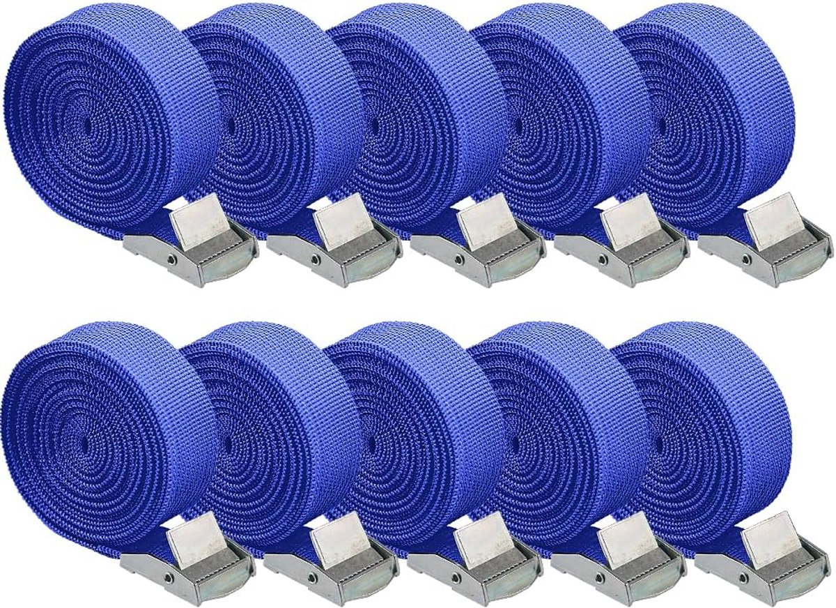 Spanbanden met klemslot, 2,5 m x 2,5 cm, 10 stuks sjorbanden met ratel, verstelbare bevestigingsriemen, voor auto, motorfiets, fiets, steekwagen, bagage, camping (blauw, 10 stuks)