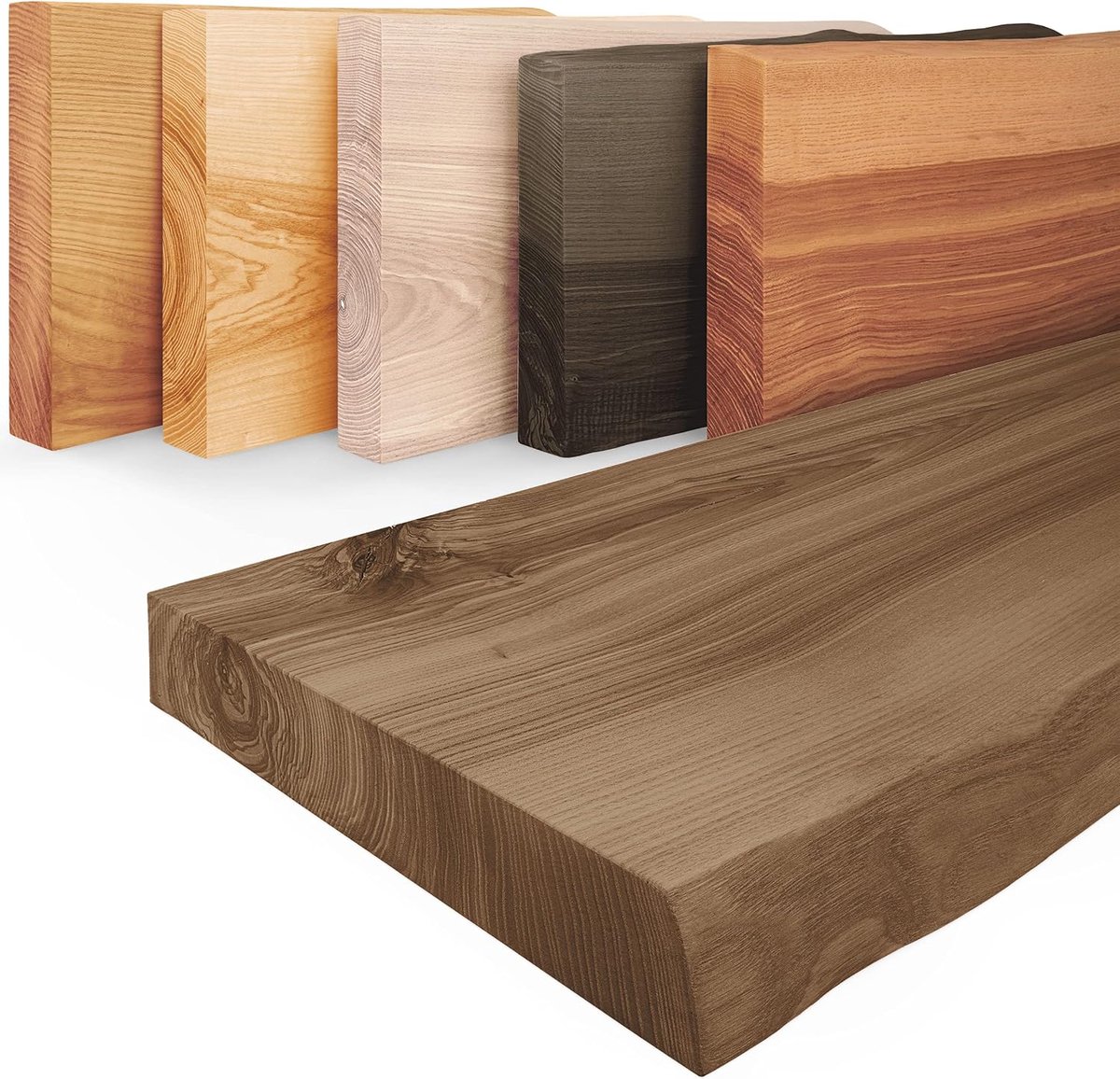 Manufaktur Plank van massief hout zonder bevestiging, wandplank 40 cm breed voor badkamer, hal, keuken, kleur: walnoot, rand: natuurlijk, massief hout, modern design, zweefeffect