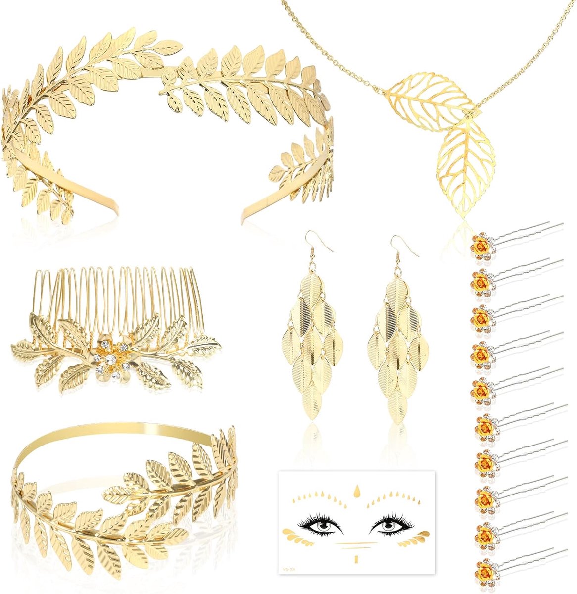 Damesaccessoires voor Griekse godinnenkostuum, Medusa Halo Kroon Kostuum Accessoires Griekse Godin Sieraden Romeinse Blad Hoofdband Medusa Ketting Oorbellen Armband Tattoo, Carnaval Kostuum