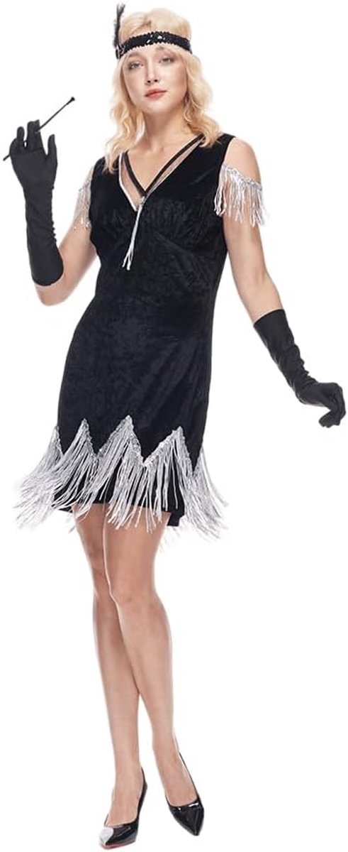 Dames jaren 1920 weelderige flapper kostuum vintage volwassen omzoomde jurk met veren hoofdband, handschoenen