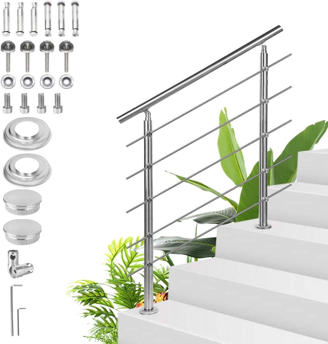Roestvrijstalen Handgreep Reling - Trapleuning 80 cm met 5 Dwarsstaven voor binnen en buiten, Hoogwaardige toegangsreling voor balkon, trap en balustrade
