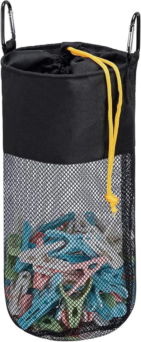 Wasknijperzak, nettas met haken voor hangende wasknijpers, 300 vakken, draagbare wasknijperzak, sneldrogende tas voor wasknijpers, zwart, Ø 12 cm x H 30 cm / 4.7 x 12 Zoll, wasknijperzak