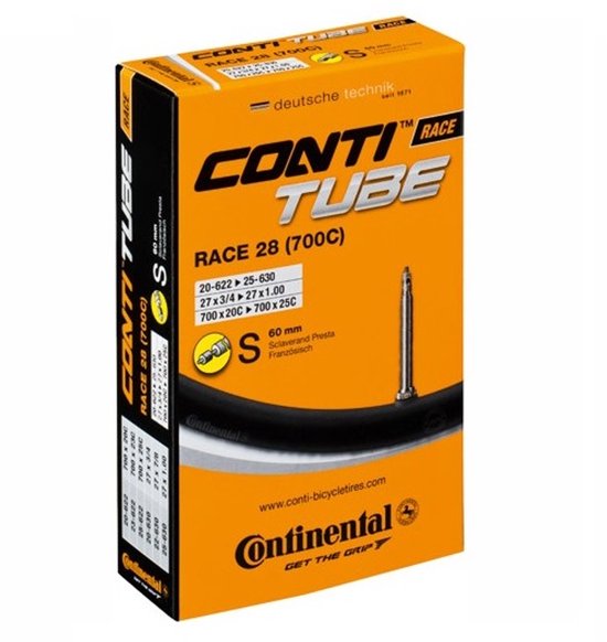 Oranje doos met Continental Conti Tube Race 28 (700C) fietsband. Specificaties: 20-622 25-630, 27x3/4, 27x1.00, 700x20c, 700x25c. Klep: 60 mm Sclaverand Presta.