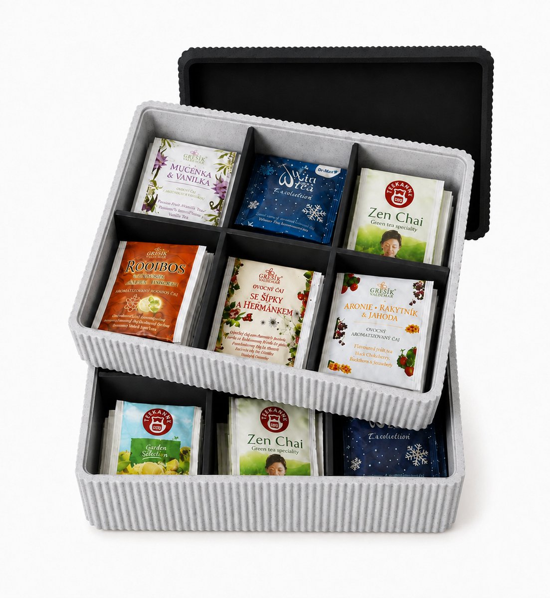 Tea Collection – Theedoos met Vakjes – Theezakjes Organizer – Geribbeld Design – Inclusief Deksel en 2 lagen