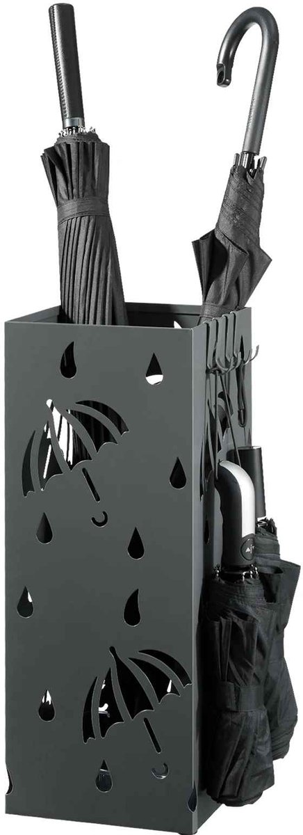 CORE Paraplubak - Vierkante Metalen Parapluhouder met Haak en Uitneembare Lekbak - Moderne Paraplu Organizer voor Natte en Droge Paraplu's - Vrijstaande Opbergstandaard voor Hal, Entree, Woonkamer, Kantoor en Winkel - 20x20x49cm - Zwart