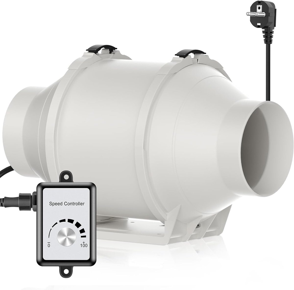 wer Buisventilator100 mm Regelbaar 366 m³/uur AfvoervPoentilator met Toerentalregelaar EC Motor 110-240 V Stille Inline Kanaalventilator met EU-stekker, Badkamerventilator, Buisventilator