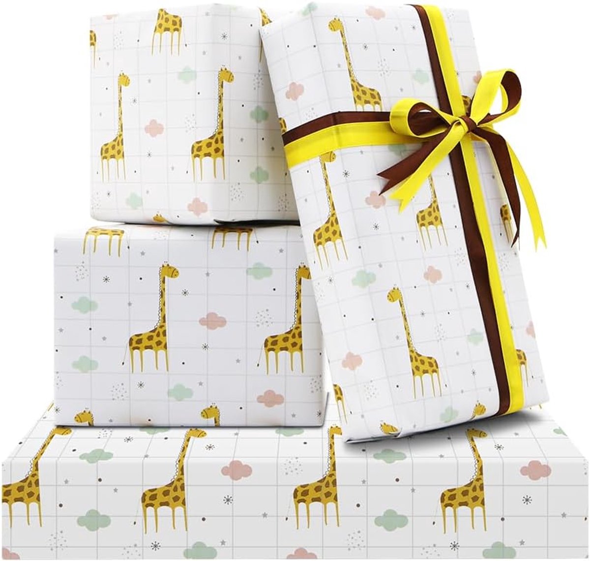 Cadeaupapier voor kinderen, meisjes en jongens, cadeaupapier in giraffen-design met 2 linten voor kinderverjaardag of babyshower, 4 plat gevouwen vellen, 50 x 70 cm per vel