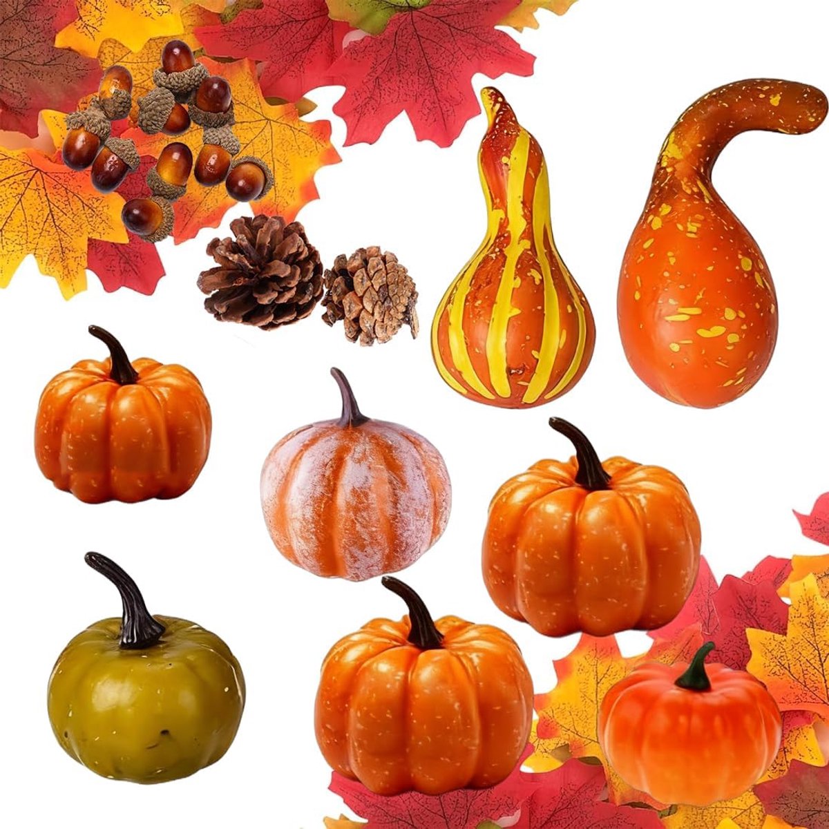 pompoendecoratie, set van 50 kunstpompoenen, herfstdecoratieset, herfstdecoratie met minipompoenen, eikels, esdoornbladeren, dennenappels, voor herfst, Halloween, tafeldecoratie