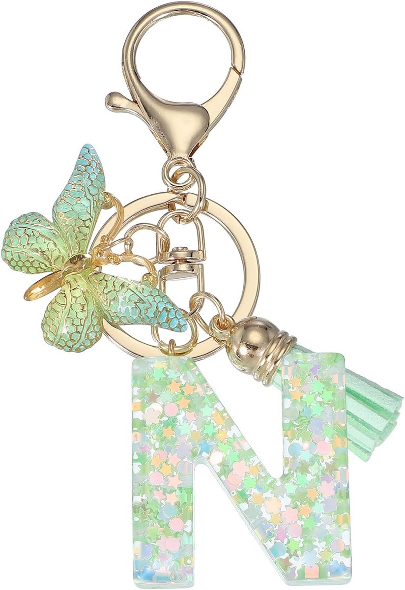 Alfabet Initial Letter Sleutelhanger, Hars Leuke Sleutelhanger met Kwasten Vlinder Brief Hanger Charm
