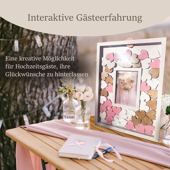 Fotolijst met beschrijfbare houten hartjes, gastenboek, bruiloft, liefdesdecoratie, cadeau-idee, huwelijkscadeau, fotolijst, 38 x 28 cm — afbeelding 2