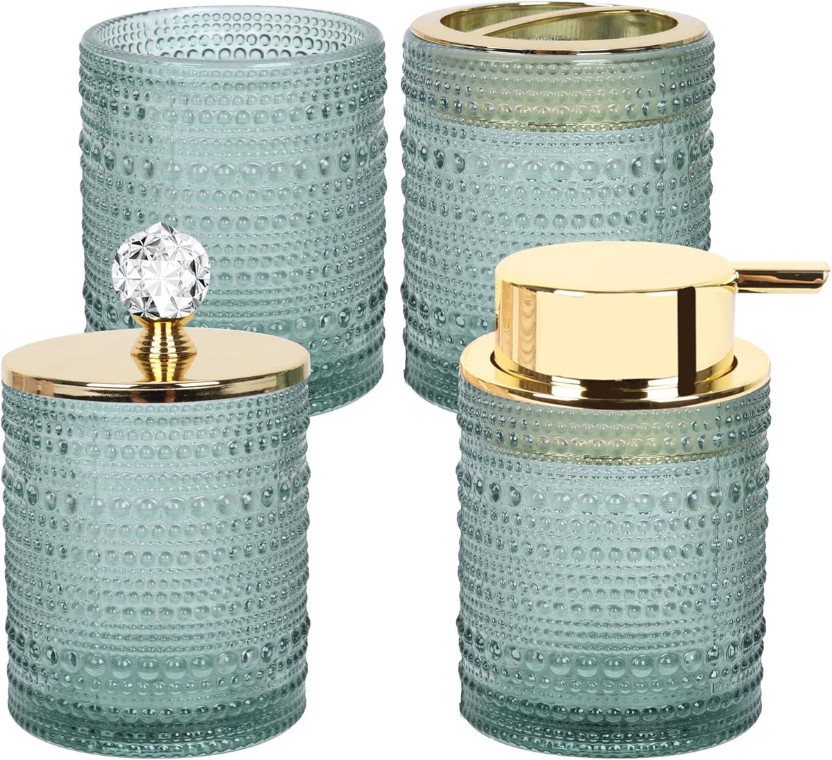 Badkamer accessoires set, 4 stuks glazen badkameraccessoires, ijdelheid badkamer decor, zeepdispenser, tandenborstelhouderset, apotheekpot, cadeau voor thuis appartement (groen)