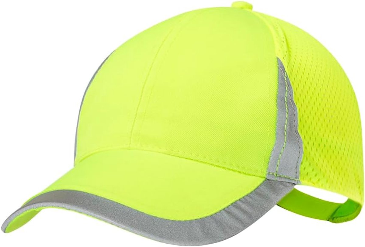 Sportmuts met 6 panelen, polyester, hoge zichtbaarheid, neongeel, verstelbaar, reflecterend vizier en voorkant, achterkant met ademend net, Fluor geel, 58/60 cm