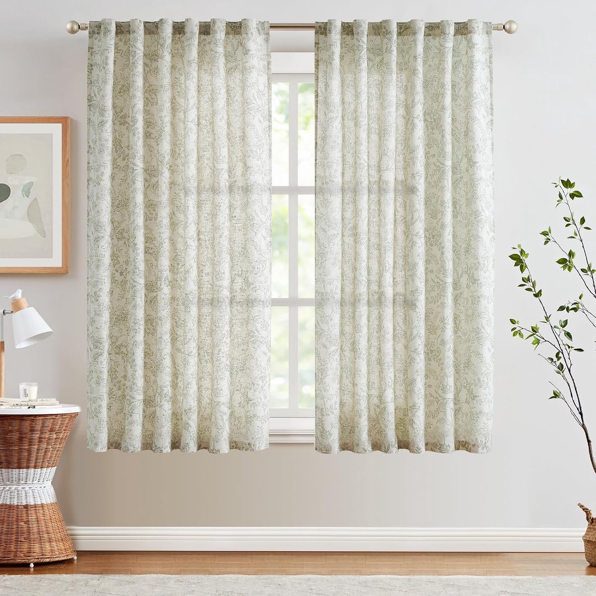 Gordijnen linnen gordijnen bloemen bedrukt woonkamer gordijn met plooiband gordijnen woonkamer voor slaapkamer landhuis deur set van 2 groen op beige 140 B x 175 H (cm)