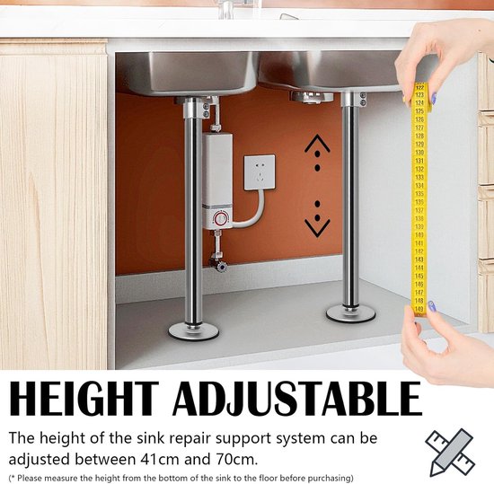 2 stuks, houder voor wastafel, lage montage, verstelbare keukenpoten, van roestvrij staal, voor keuken en badkamer, 41-70 cm — afbeelding 3