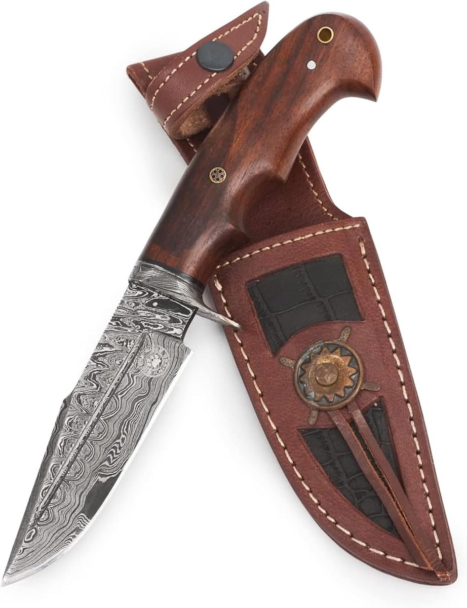 ROAR Handgemaakte Damascus Jachtmes - Bushcraft Vaste Blad Jachtmes met Schede en Walnoot Houten Handvat - 10" EDC Vleesmes - Hertenjager