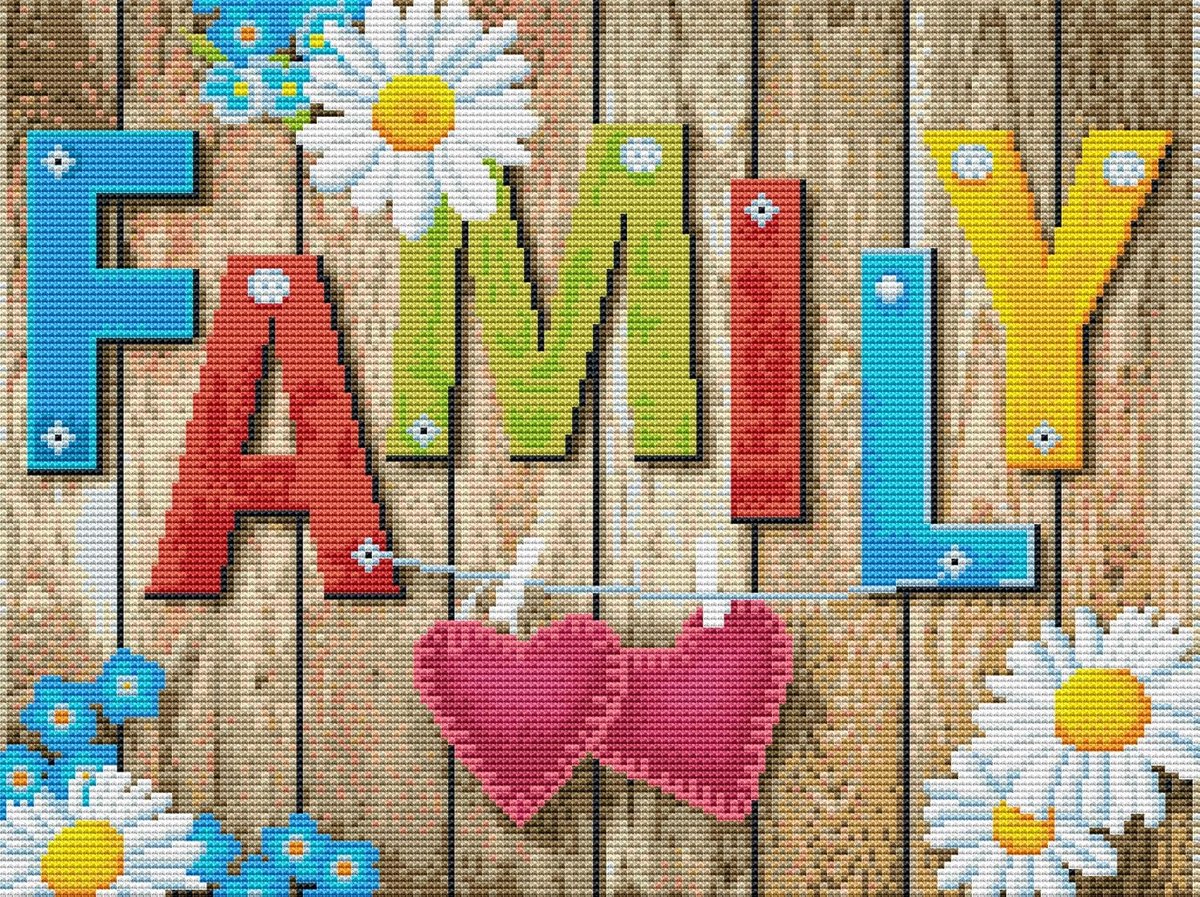 kruissteek borduurpakketten voorgedrukt, houten bord familie en liefdeshart foto's borduurset (familie)