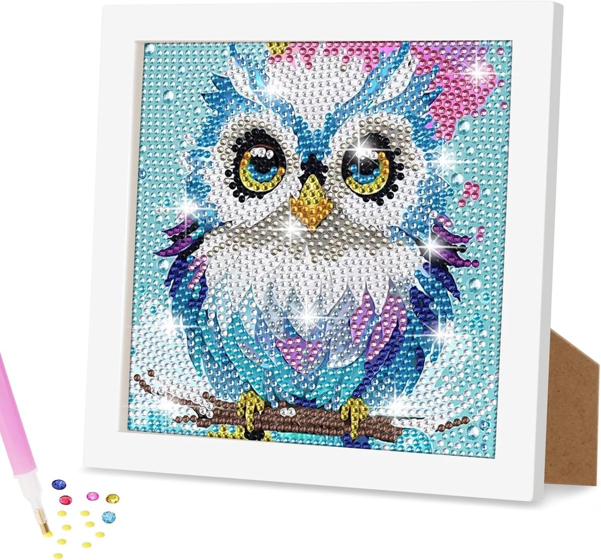 Diamond Painting Kit, 5D Diamond Paintings Kit met houten frame, DIY Diamond Painting Kit, knutselcadeau voor wanddecoratie (Uil)