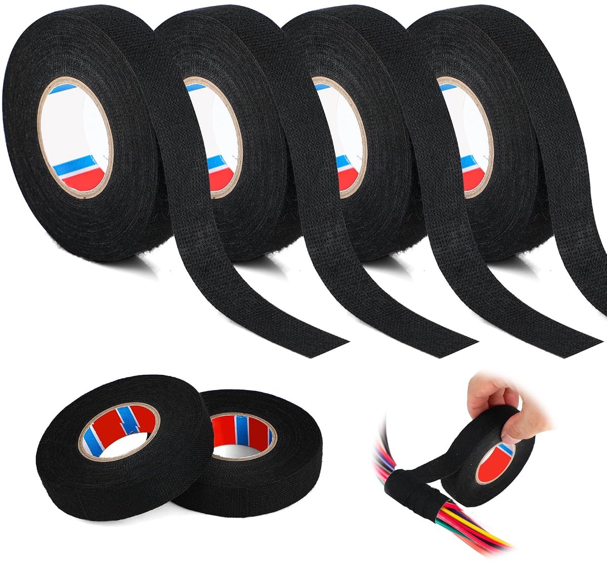 4 stuks textieltape zwart, 19mm x 15m, zelfklevende textieltape voor stof, zelfklevend textielband, stof tape, Ideaal voor het veilig isoleren en bundelen van draden..