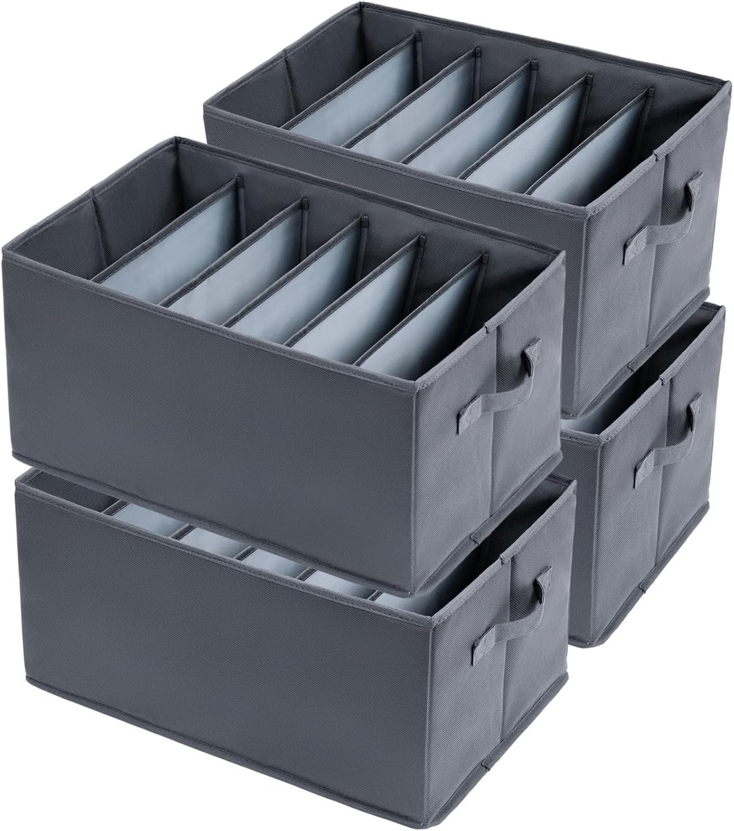 Kledingorganizer, 4 stuks, opbergdoos, opvouwbaar | 43 x 30 x 25 cm met 6 vakken voor jeans, trui en sjaal, ideaal voor kleedkamer met praktische handgreep