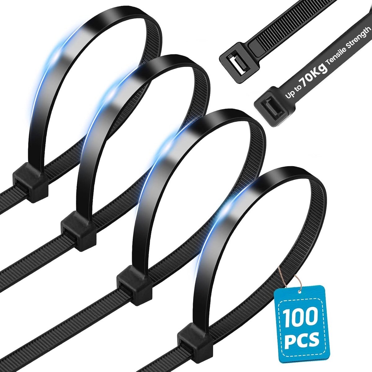 Kabelbinders, zwart 300 mm x 8 mm. UV-bestendig, nylon, treksterkte 70 kg. Ideaal voor het organiseren van kabels, tuinieren, DIY, commercieel gebruik.