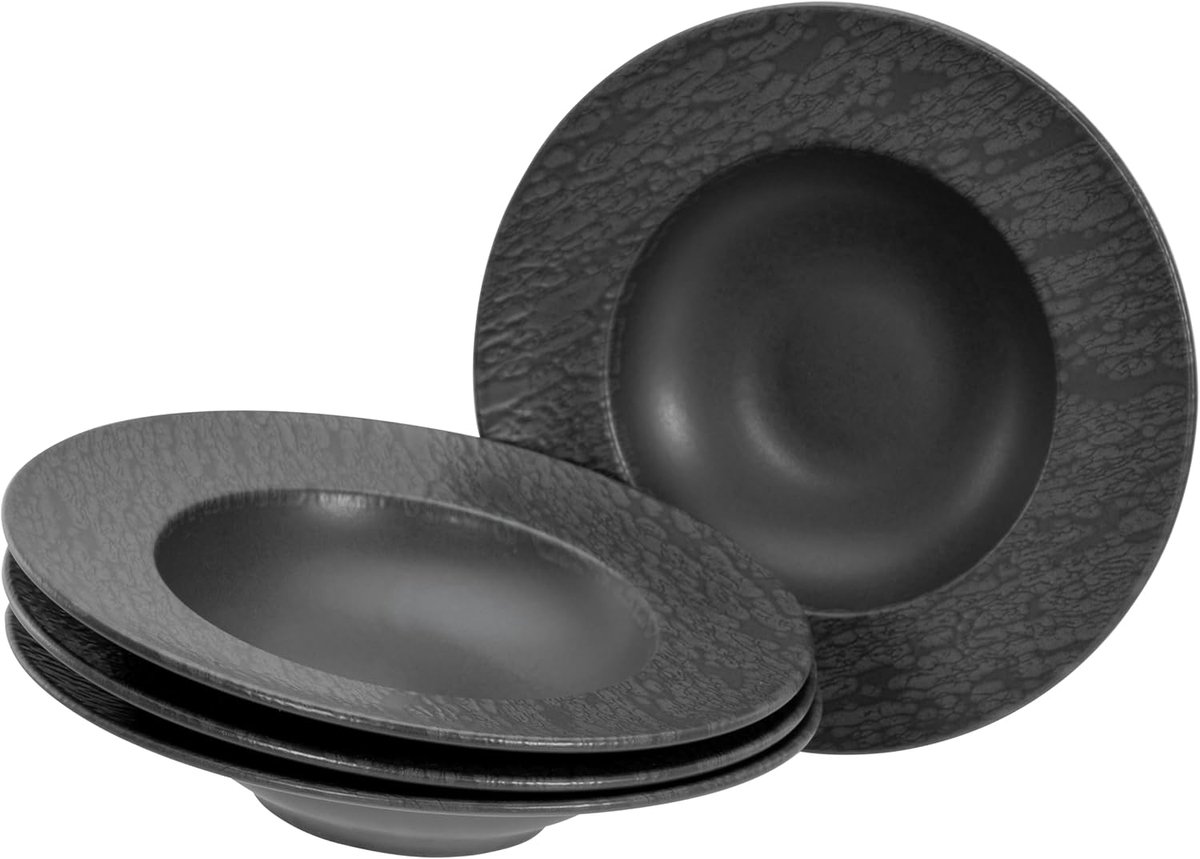 21822, serie leisteen zwart, 4-delige serviesset, bordenset van aardewerk, vaatwasser- en magnetronbestendig, Made in Portugal