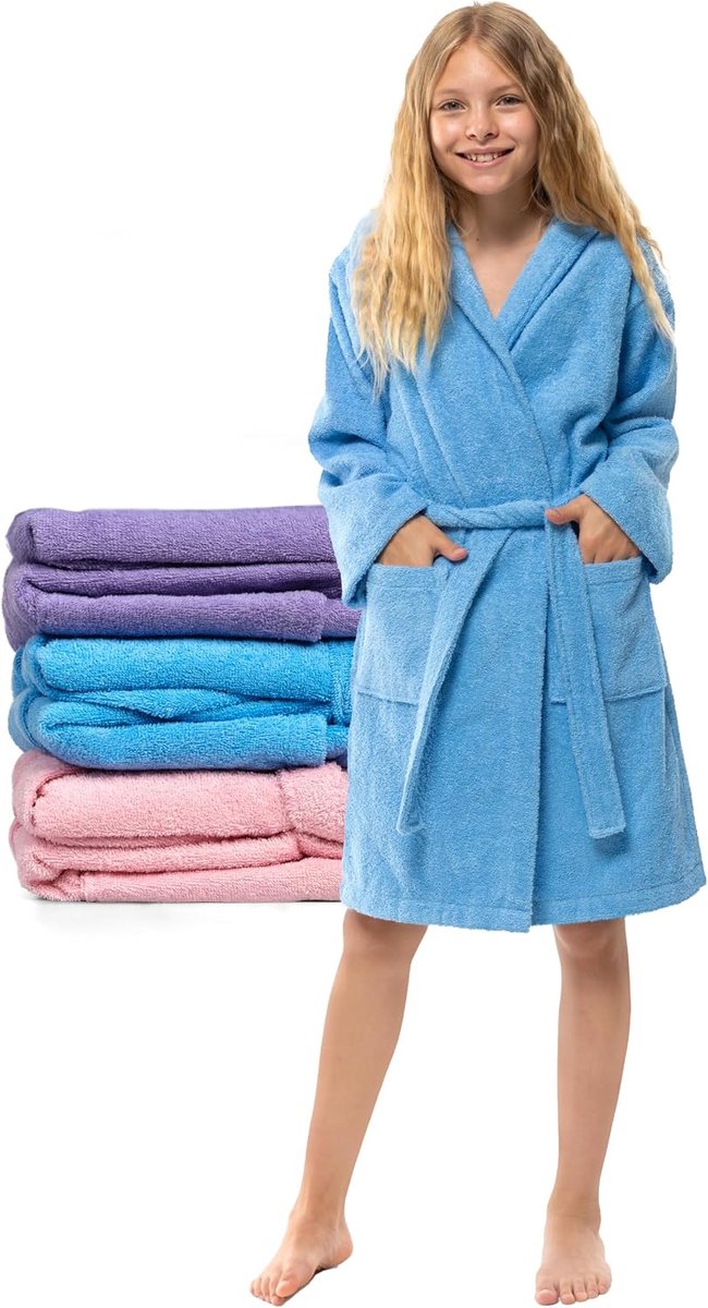 Badjas met capuchon voor tienerjongens, 100 procent OekoTex-katoen, tienerbadjas 13-14 Jaar Blauw - Badstof badjas 14 Jaar Ultrazacht en absorberend