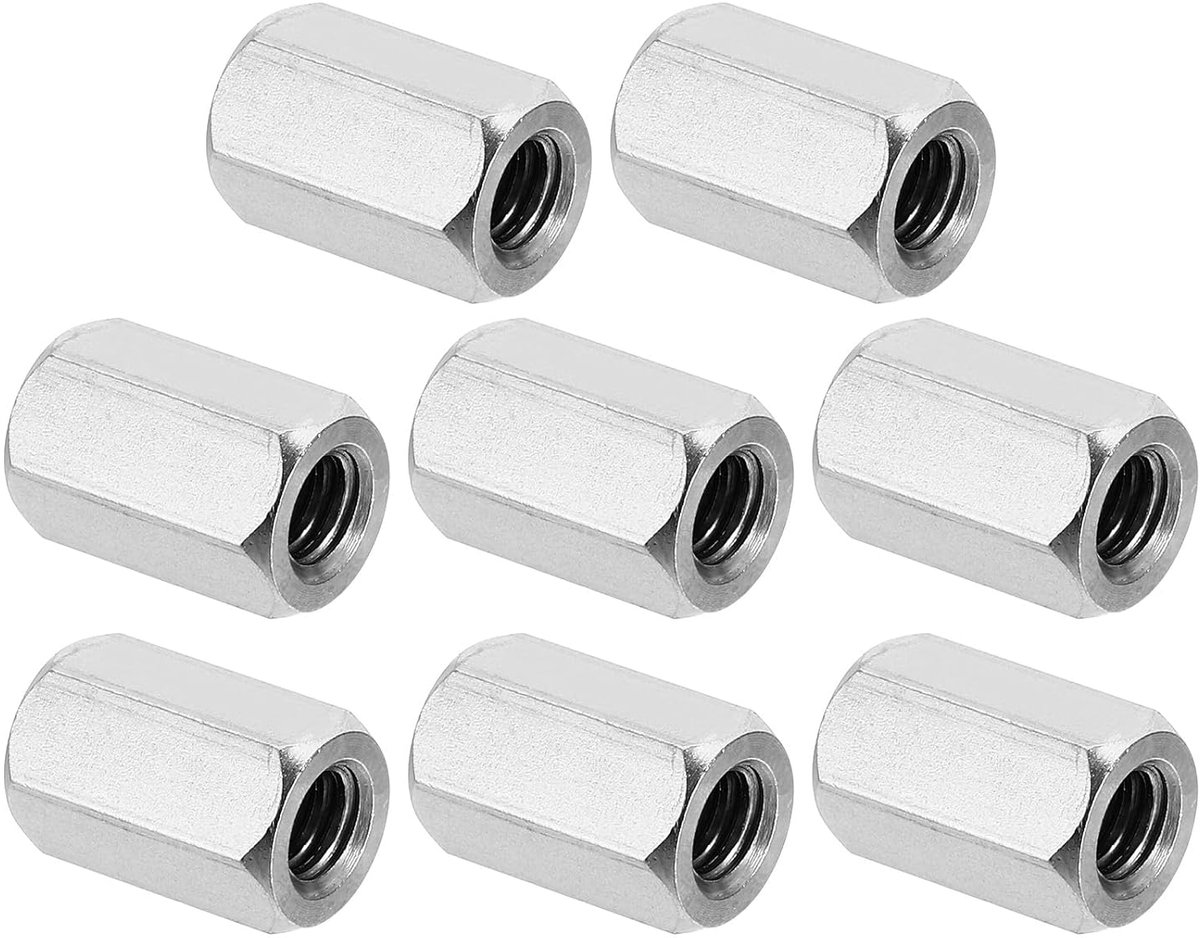 1/4"-20 UNC 304 roestvrij staal zeskant koppelingsmoeren, 8 stuks 0,6"/15mm langmoer schroefdraadhuls zeskantmoer roestvrij staal koppelingsmoer schroefdraadmuffe schroefdraadeind, zilverkleur