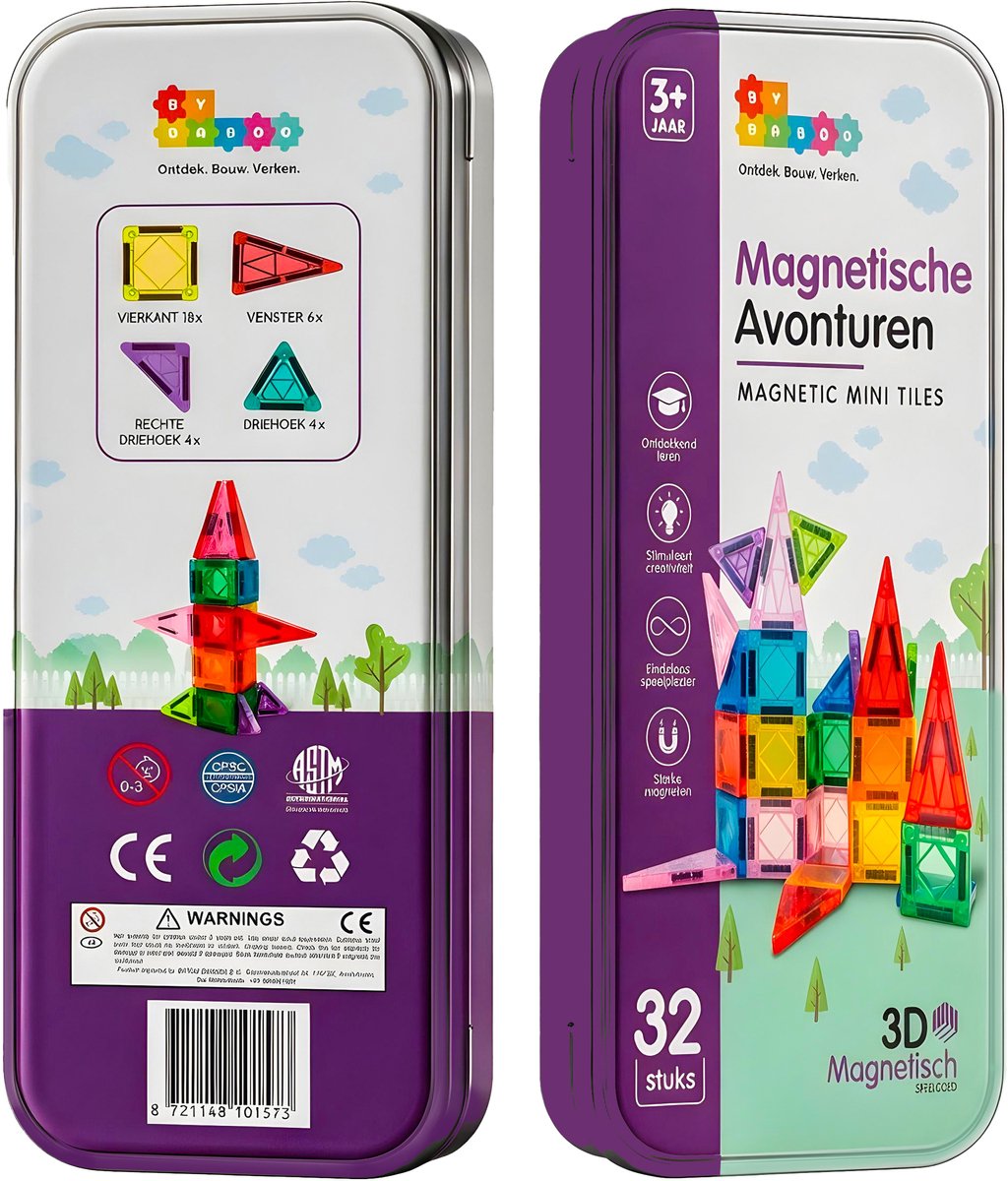 By Baboo® Magnetic Tiles Mini 32 Stuks Reisset + 100 Bouw-Challenges - Travelset - Reisspeelgoed Magnetische Tegels Blokken Cadeau Jongens Meisjes - Montessori Educatief Kinderspeelgoed 3 Jaar, 4 jaar, 5 jaar, 6 jaar, 7 jaar, 8 jaar, 9 jaar — afbeelding 10