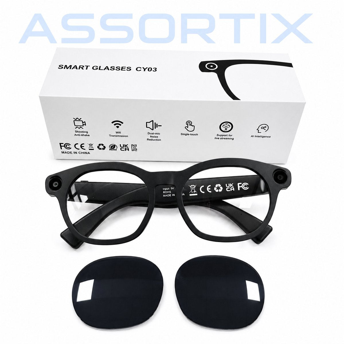 Assortix Camera Bril met AI – 8MP Camera – AI Vertaling – Bluetooth Bellen – Open-Ear Audio – Spraakassistent – Zwart