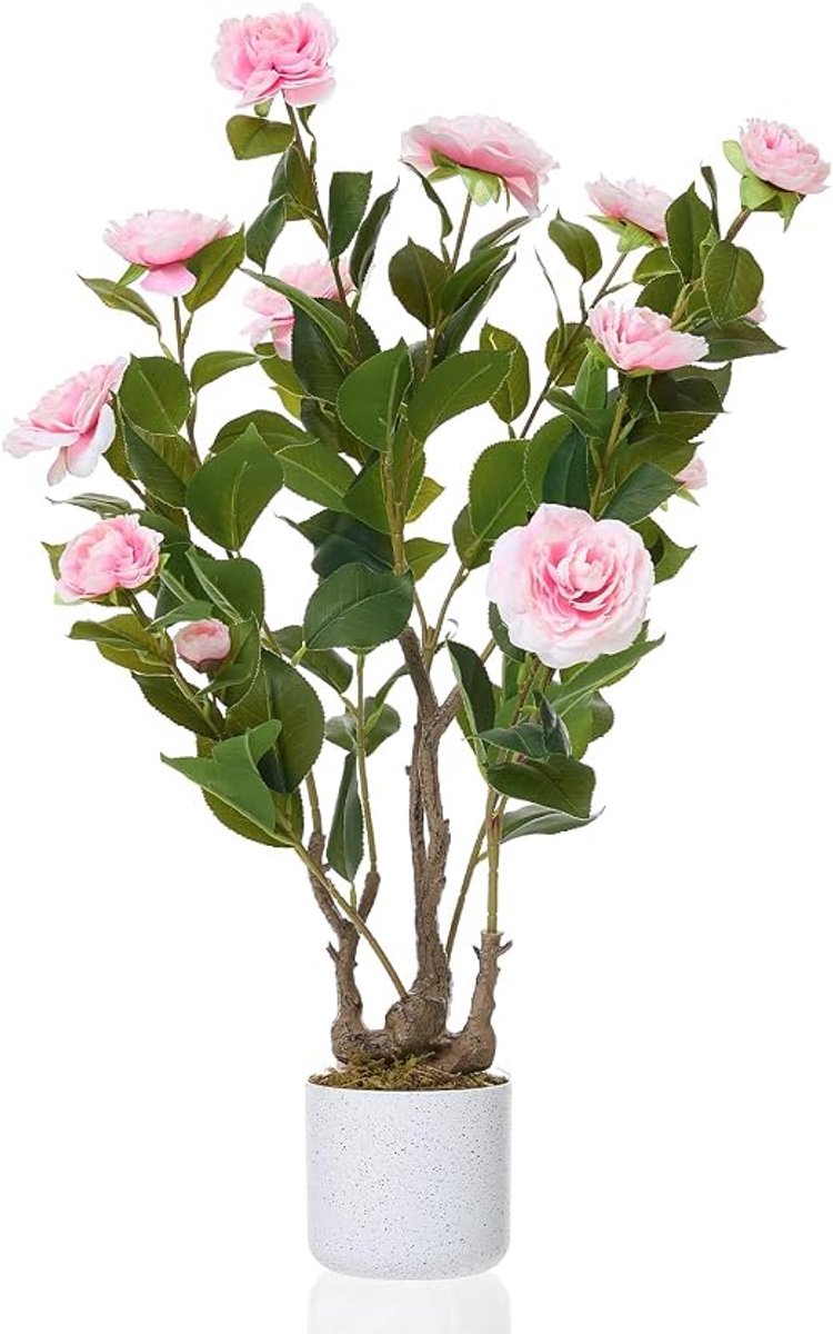 Danky Decoratieve Kunstcamelia Boom 76cm - Roze bloemen met wit pot - Decor voor woning, kantoor en feestevenementen