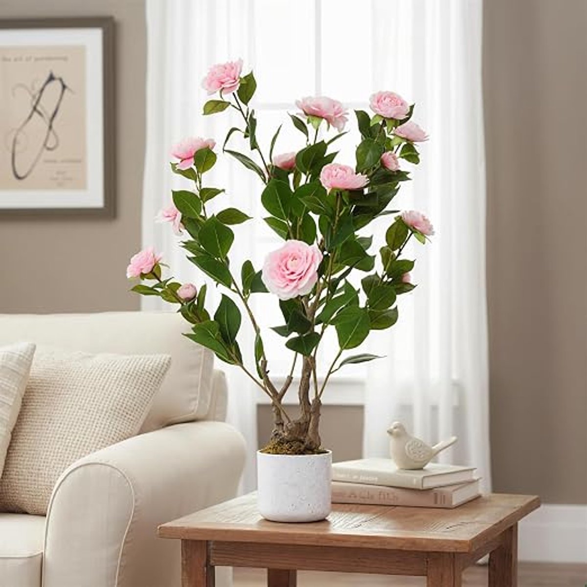 Triumpunpre Kunstbloem Camelia 76cm - Roze 16 bloemen - Wit pot - Onderhoudsvrije decoratie voor huis en kantoor