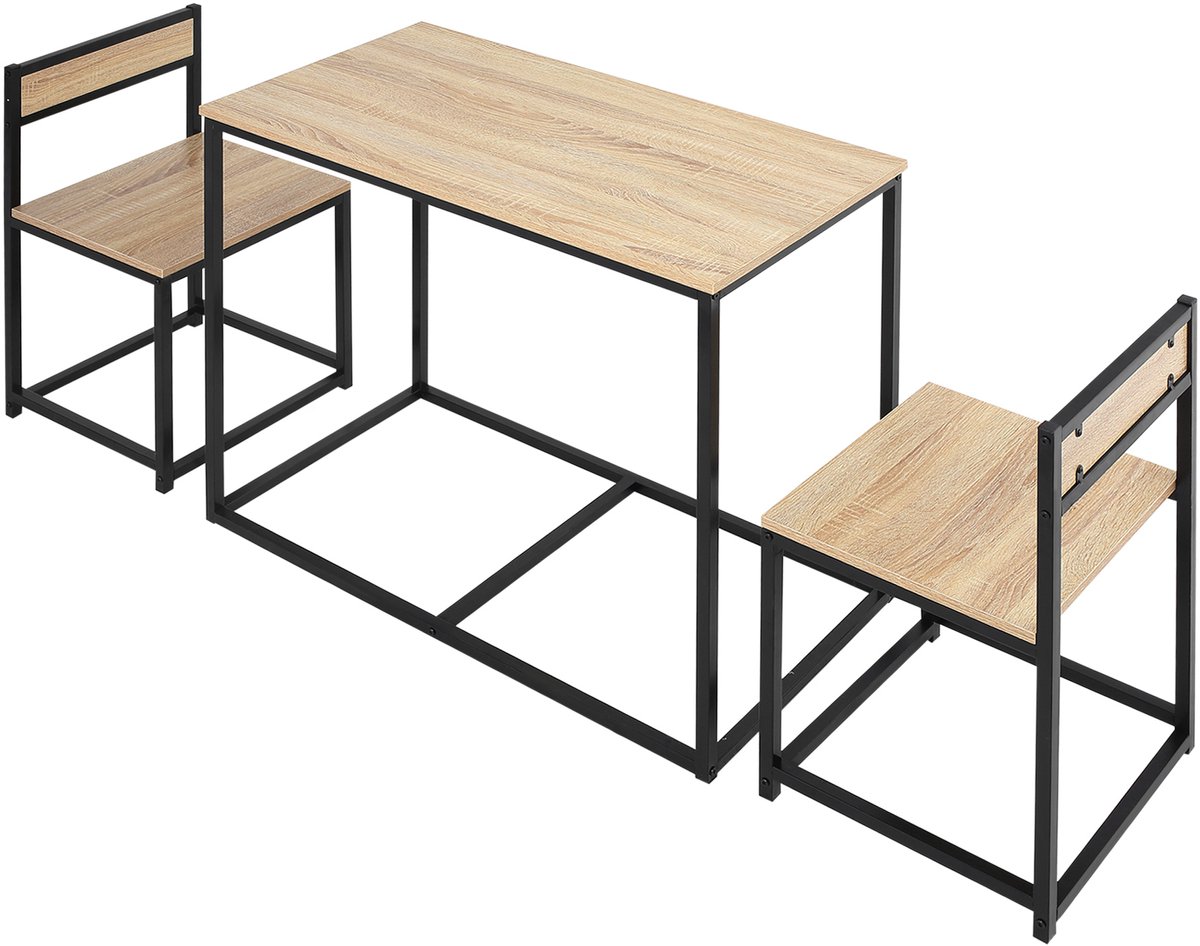 Eettafel- en stoelenset, 1 tafel + 2 stapelbare stoelen voor de keuken - Zwart metaal met lichte eikenhouten afwerking | Set van 1 tafel + 2 inbouwstoelen, voor keuken, metaal