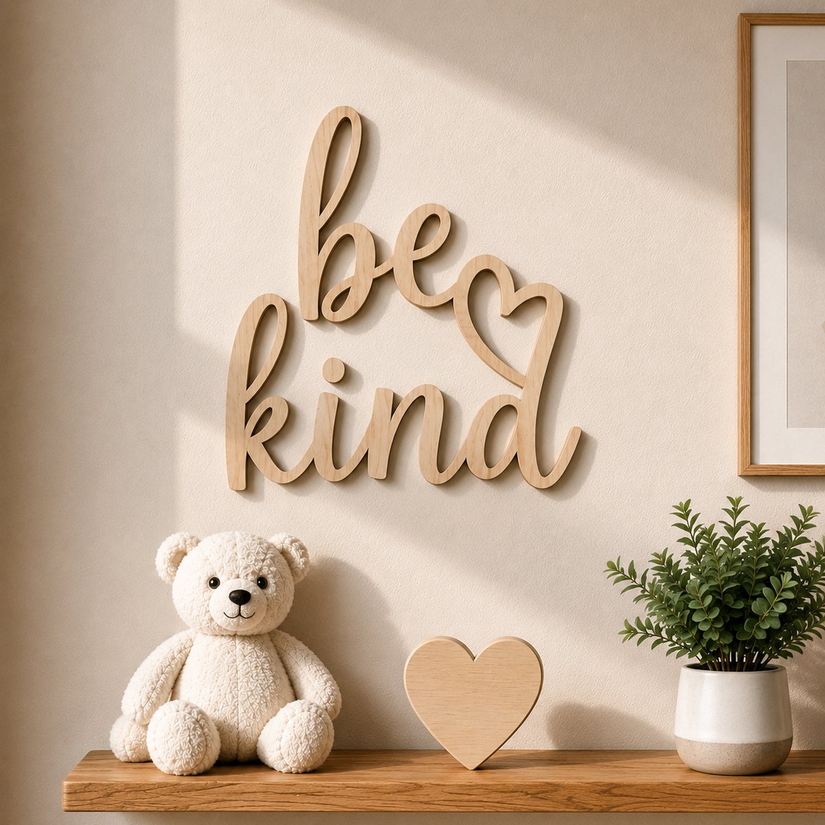 Houten Muurdecoratie "Be Kind" – 40 x 40 cm – 5 mm Multiplex – Kinderkamer Wanddecoratie met Hart – Natuurlijk Hout/ baby