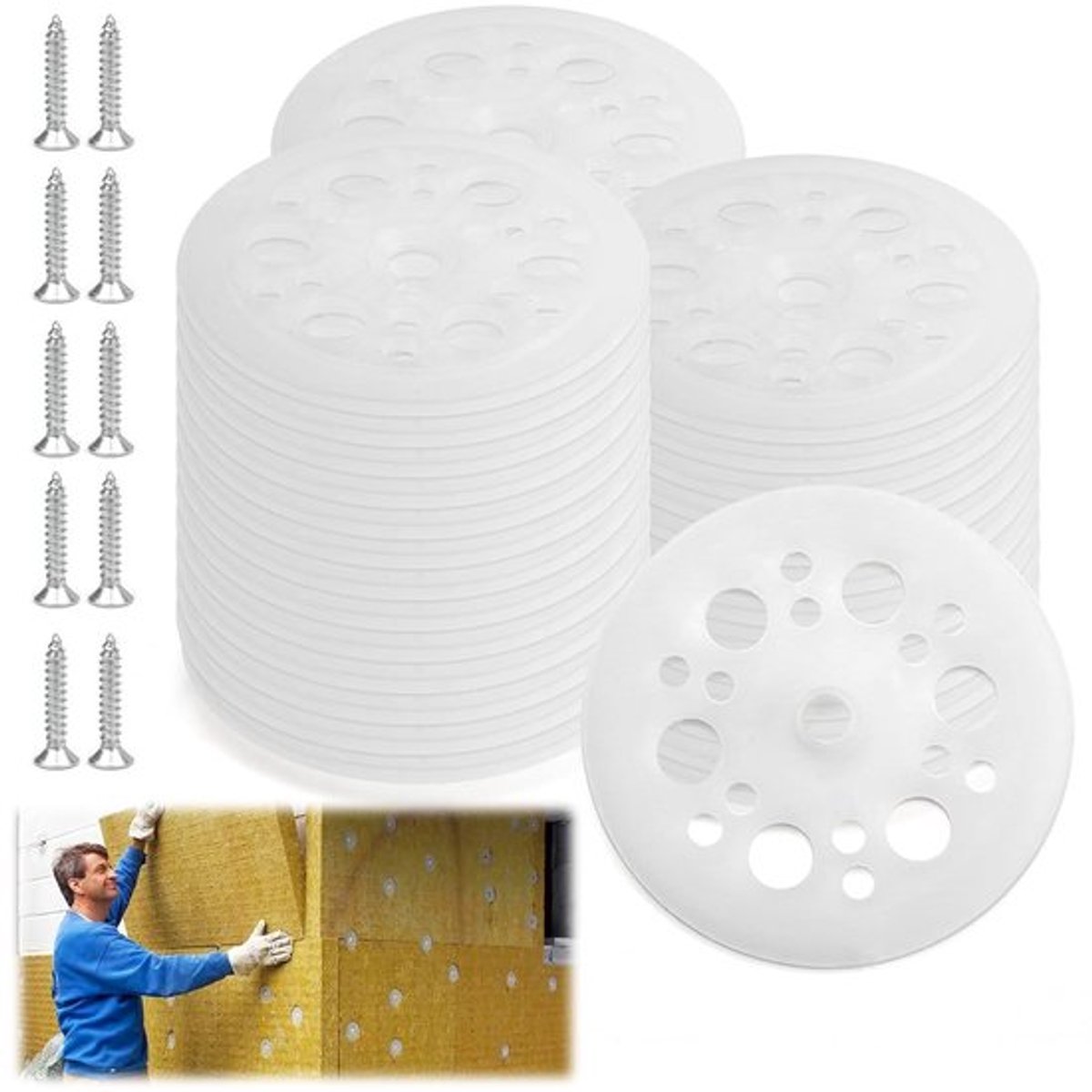 Plastic Wasmachines Set van 100 Stuks voor Isolatieplaten met 100 Schroeven van 3 cm voor Houten Muren en Montage van Basisplaten (46 mm)