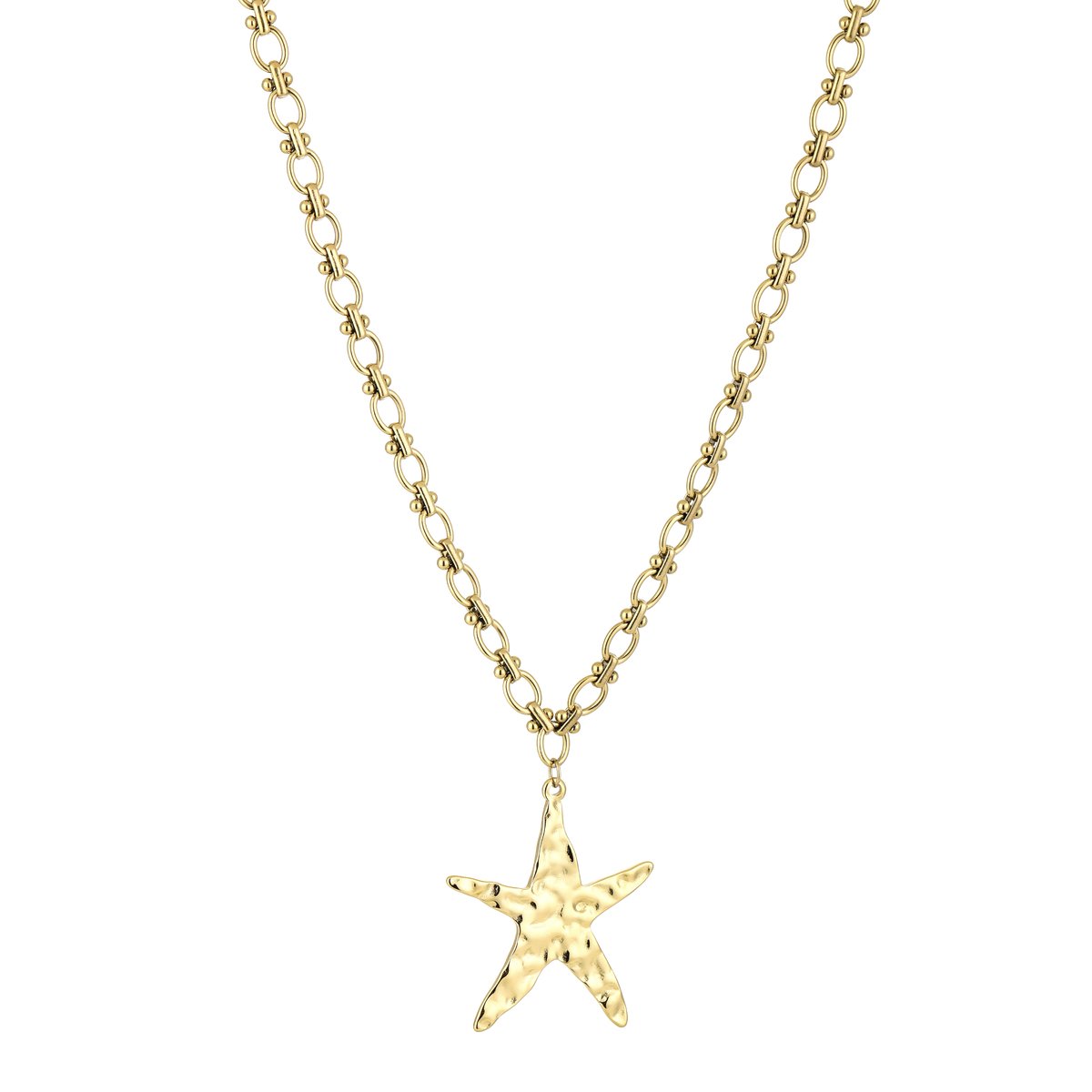 Textured Starfish Pendant Long Link Chain Necklace – Lange Ketting met Zeester Hanger – RVS - Goud