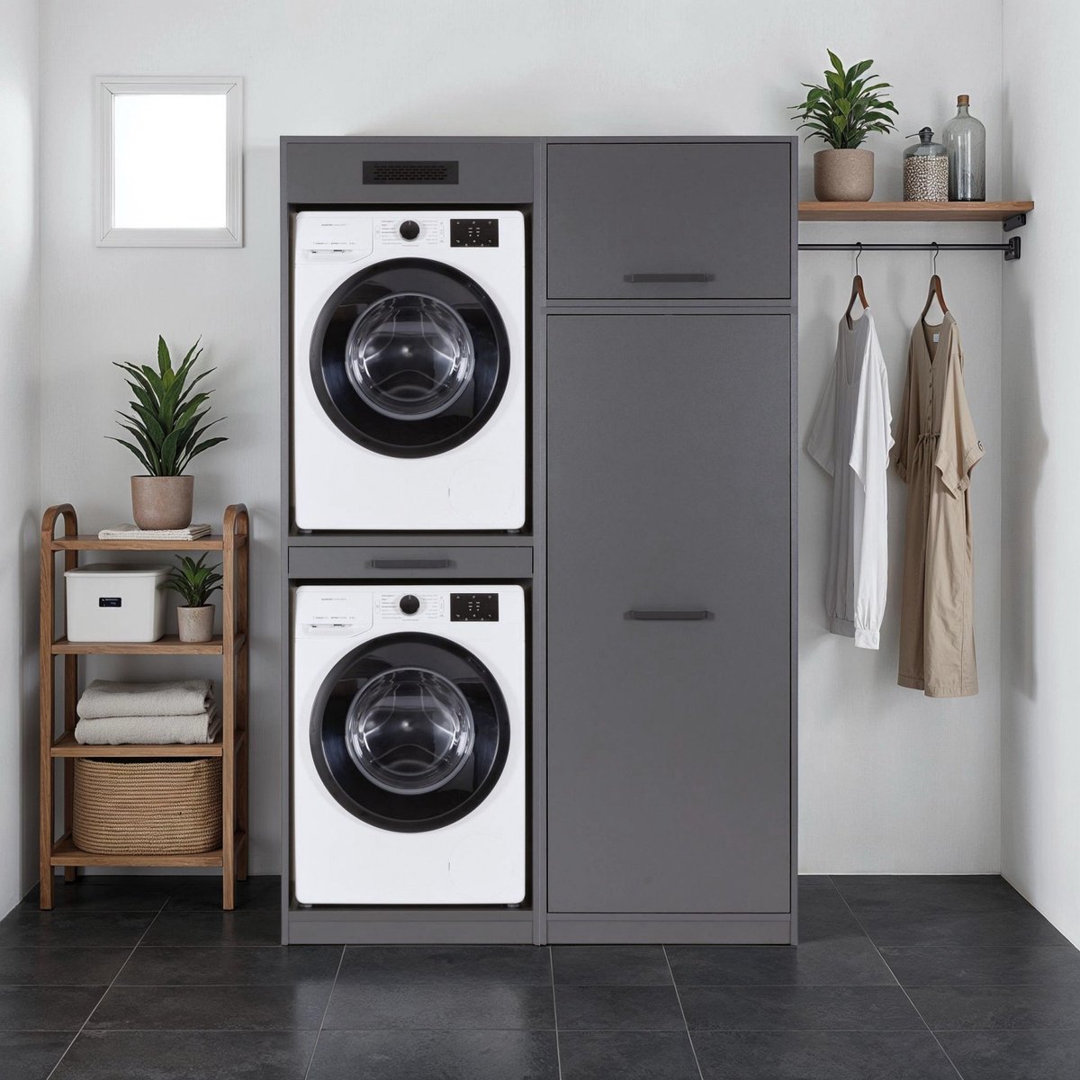 Interlink Lifestyle Studio Flow Wasruimtecombinatie Bundel 05 - Antraciet - 134 x 68 x 208 cm - Complete wasruimte met wasmachinekast en opbergkast