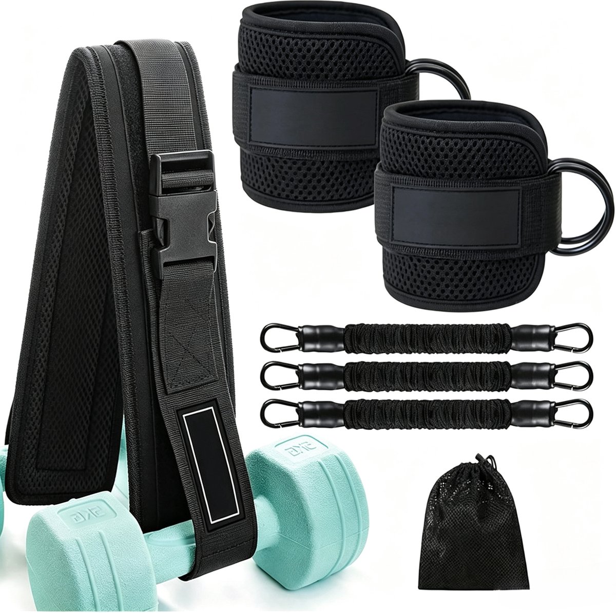 KZQ Hip Thrust Belt - Verstelbare verzwaarde riem met antislipkussentjes - Geschikt voor krachttraining, squats en hip thrusts - Fitnessriem voor thuis en in de sportschool - Zwart - Inclusief accessoires