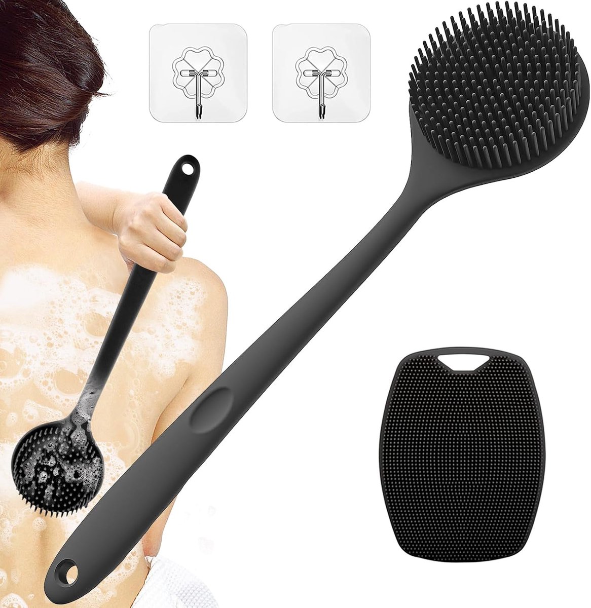 Bagageborstel met lange handgreep, siliconen body scrubber voor mannen, body scrubber voor douche met lange handgreep, exfoliërende natte of droge badborstel voor mannen en vrouwen (zwart)