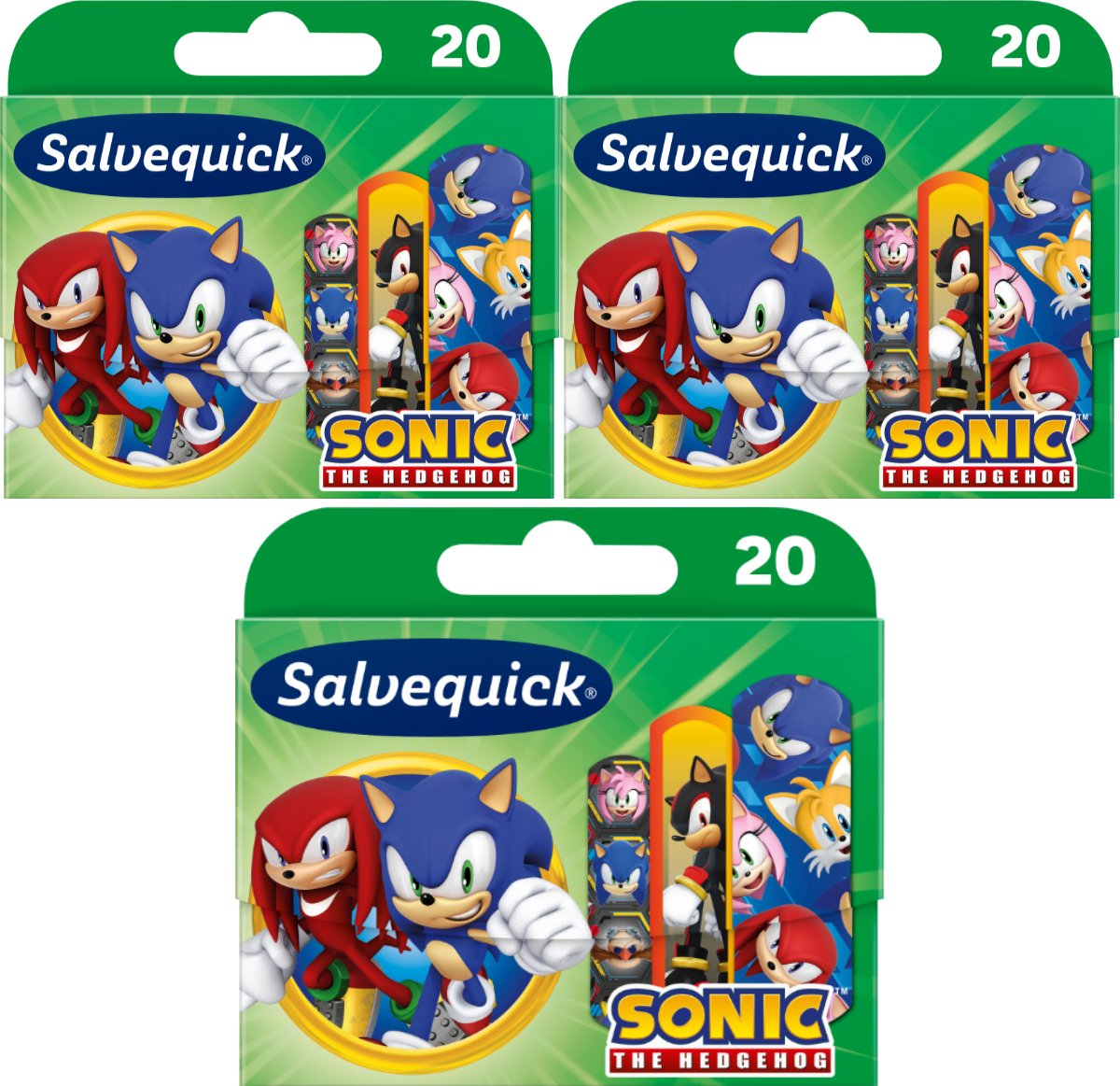 Salvequick Sonic The Hedgehog Kinderpleisters - 3 x 20 stuks - Hypoallergeen en Waterbestendig - Wondverzorging voor Kinderen