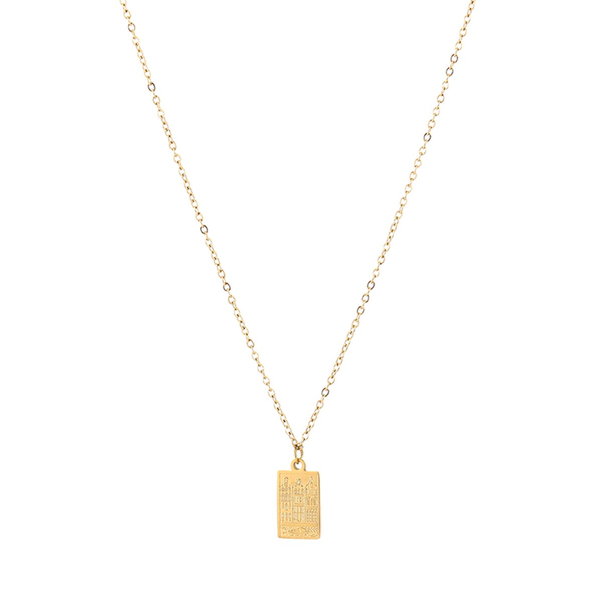 Amsterdam Canal Houses Engraved Tag Pendant Cable Chain Necklace – Grachten Huisjes Ketting – RVS - Goud