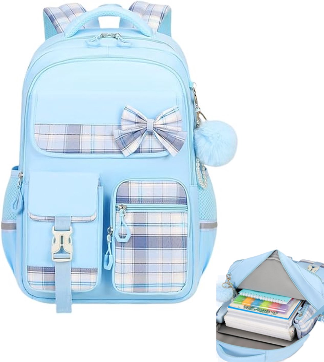 KZQ Schattige geruite schoolrugzak met strik - Grote capaciteit voor basisschool en middelbare school - Blauw