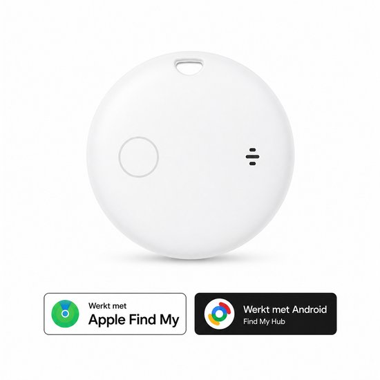 Witte ronde tracker met Apple Find My en Android Find My Hub logo's.