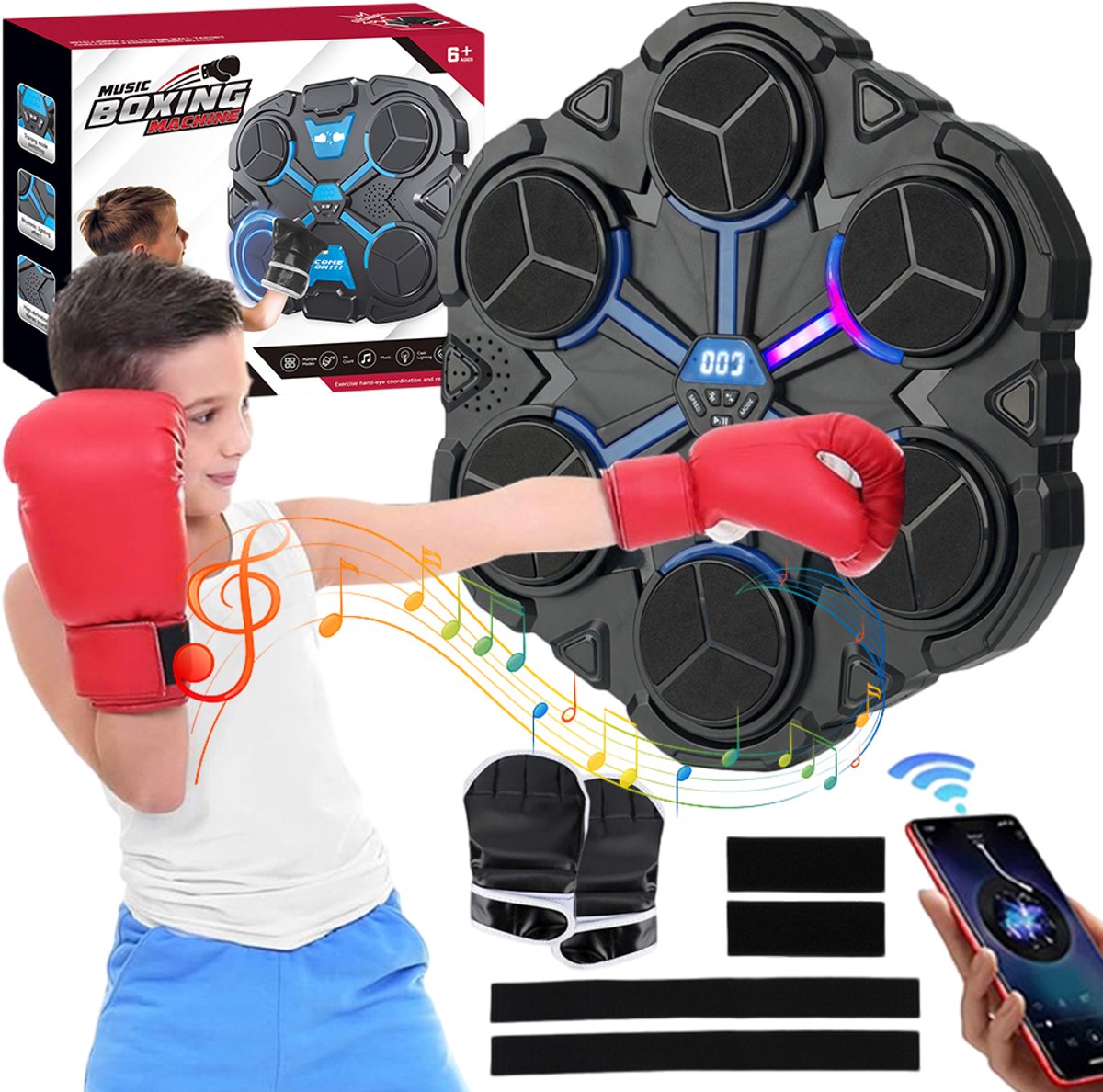 Muzikale Boksmachine - Wandgemonteerde Bokstrainer - Interactieve Training op Muziek - LED-display met Directe Feedback - Reactie- en Coördinatietraining - Ruimtebesparend Wandontwerp - Voor Kinderen, Volwassenen en Thuisfitness