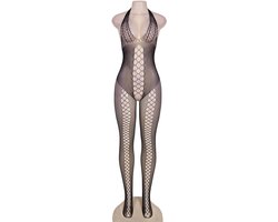 Sexy Lingerie - Erotische Catsuit Open kruis en blote rug - Jarretel met Netkousen - Bodysuit - Bodystocking - Visnet - Sexy Teddy - Fishnet - Erotiek - Valentijnsdag Cadeau Voor Hem & Haar - Zwart - PLUS SIZE - Maat L-XXL