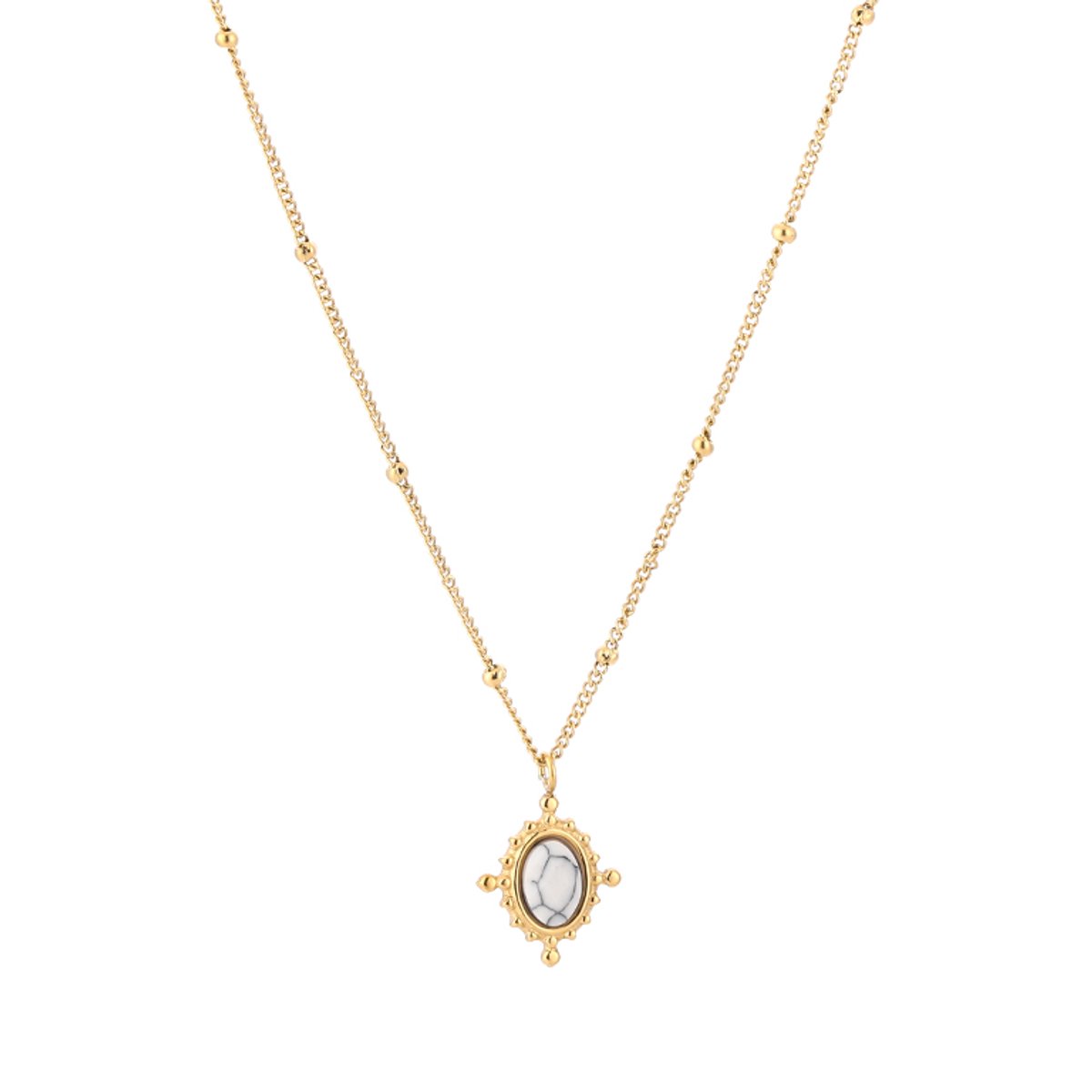 Boho Satellite Bead Chain Oval Turquoise Gemstone Pendant Necklace – Natuursteen Ketting BOHO – RVS - Wit