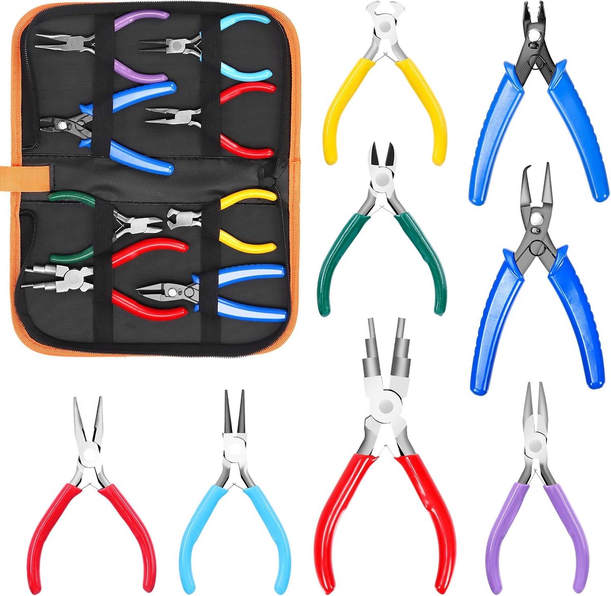 8 Stks 4.5 "Sieraden Tang Set Bevat Ronde Neus Tang, Naald Neus Tang, Gebogen Neus Tang, Draadsnijders, Krimptangen, Nylon Tang, End Tangen, Bail Maken Tang voor Sieraden Maken