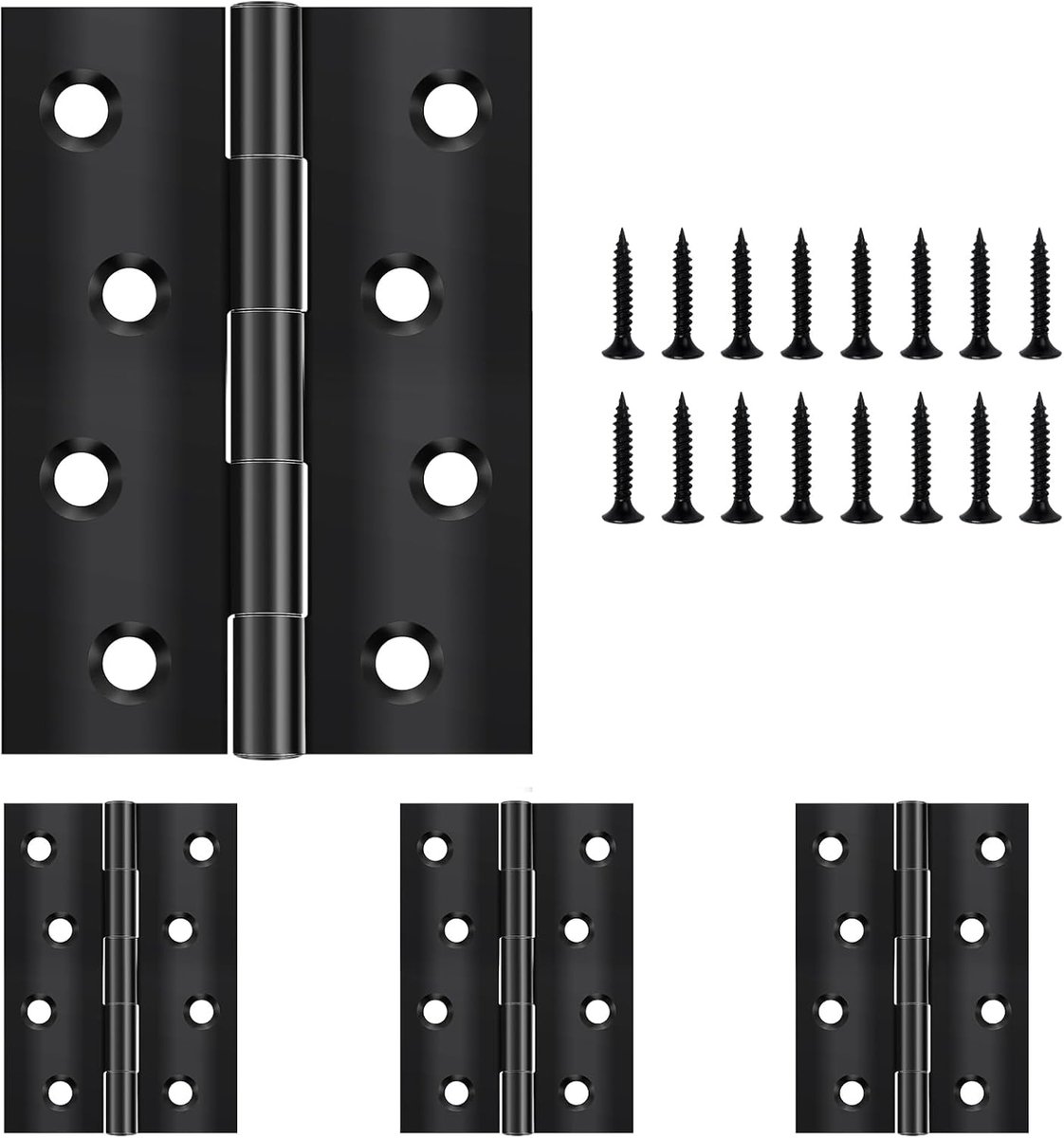 Scharnieren, 4 stuks, 100 mm × 70 mm, zwart, roestvrij staal, pianoband, kleine scharnierband, deurscharnier voor deuren, ramen, kasten, met 32 schroeven