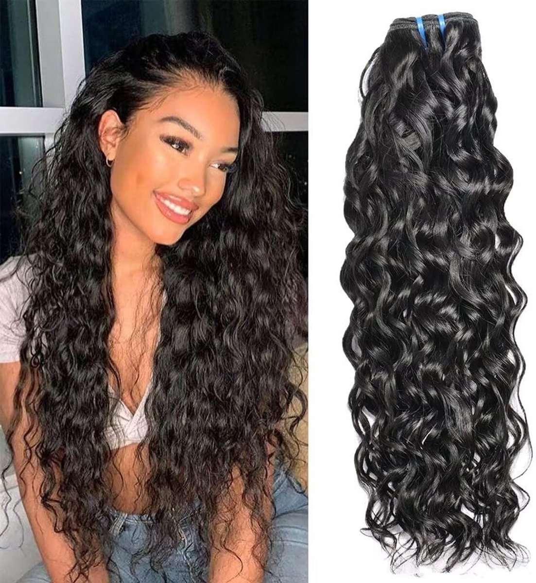 Brazilian Hair Bundle Water Wave Human Hair 1 Bundles 18 Inch Wave Hair Weave 100% Unprocessed Virgin Human Hair Extensions Water Wave Hair Weave Natural Black Color