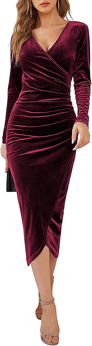 Bodycon lange jurk voor dames, V-hals, lange mouwen, sexy maxi-jurk, elegant, smal, cocktailjurk, feestjurk, vrijetijdsjurk, modieuze avondjurk, potloodjurk, zakelijk, party, voor herfst en