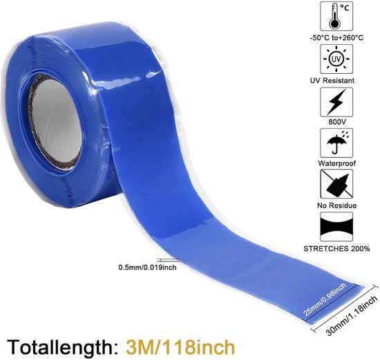 Isolatietape, hittebestendige reparatietape, waterdichte afdichtingstape, zelfklevend, 2,5 mm x 3 m, voor waterdichte reparaties, elektrische verbindingen, blauw — afbeelding 2